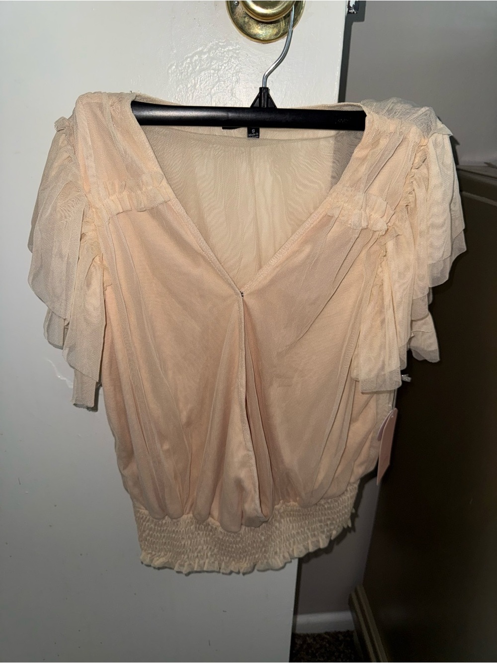 Ruffled V-Neck Smocked-Hem Blouse in Light Peach